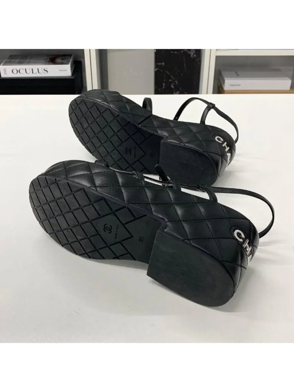 Chanel Quilted CC Logo Leather Strap Platform Sandals Black